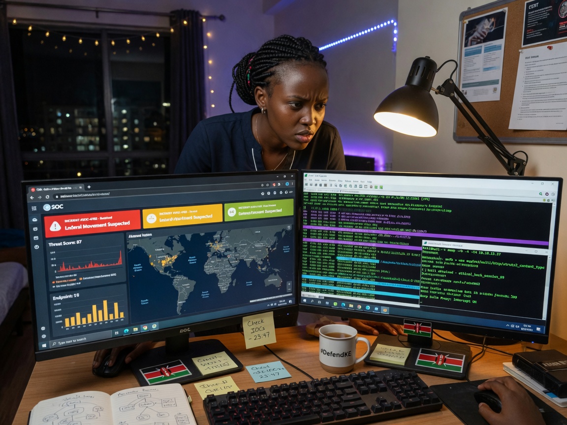 Cybersecurity student working with SOC dashboards, terminals, and penetration testing tools