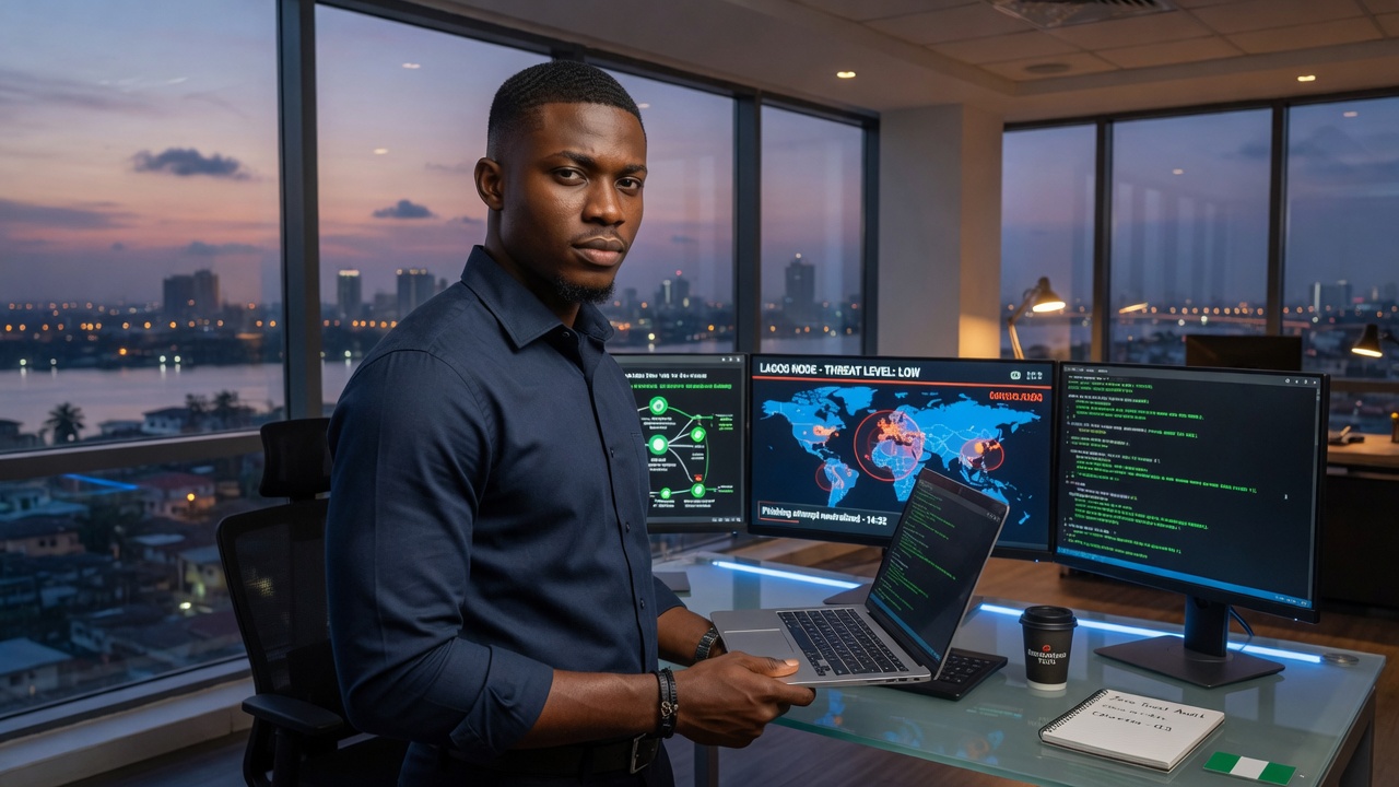 Borderless Tech Academy Cybersecurity student in a modern workspace with security monitoring setup