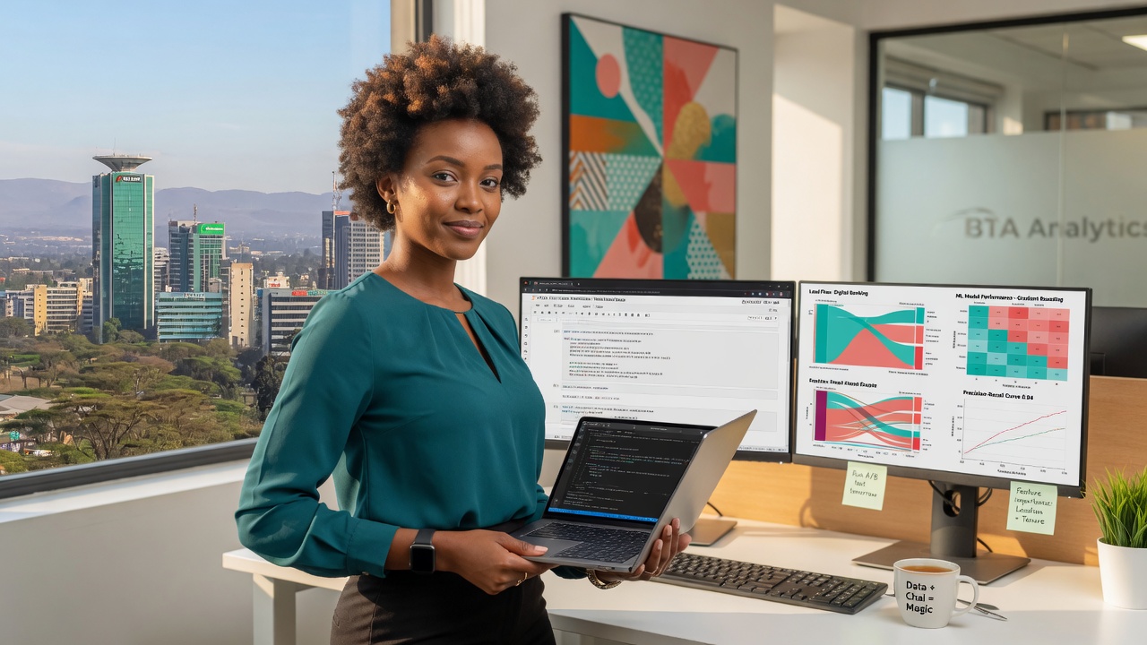 Borderless Tech Academy Data Science & AI student in a modern workspace with data visualizations and machine learning tools