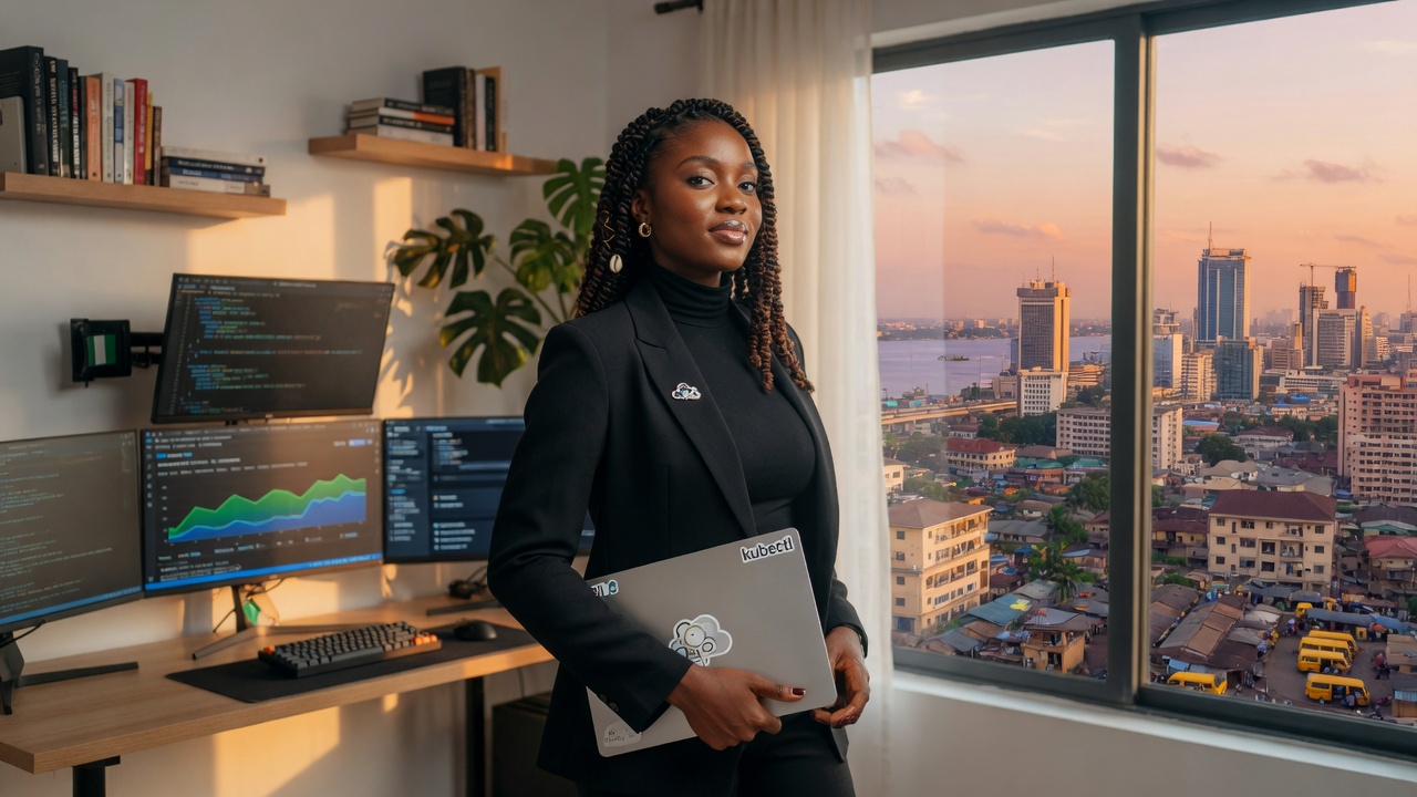 Borderless Tech Academy Cloud & DevOps student standing confidently in a modern workspace overlooking Lagos at golden hour