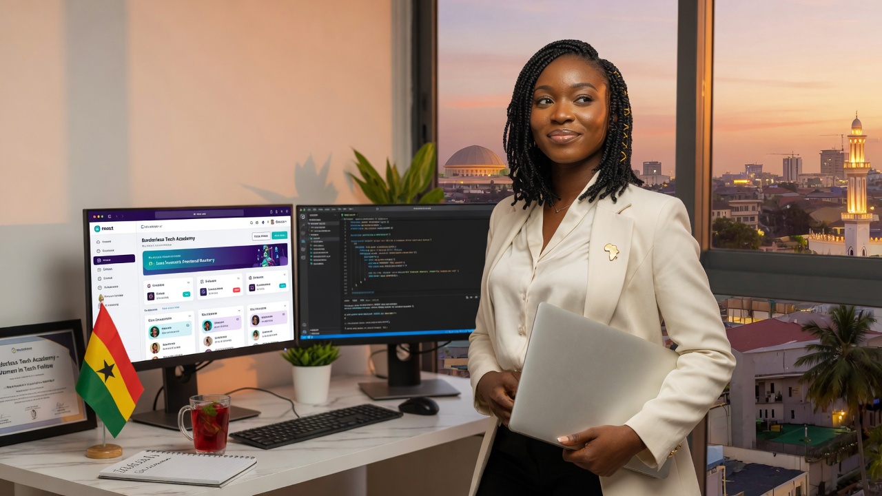 Borderless Tech Academy Software Engineering student in a modern workspace with React development setup